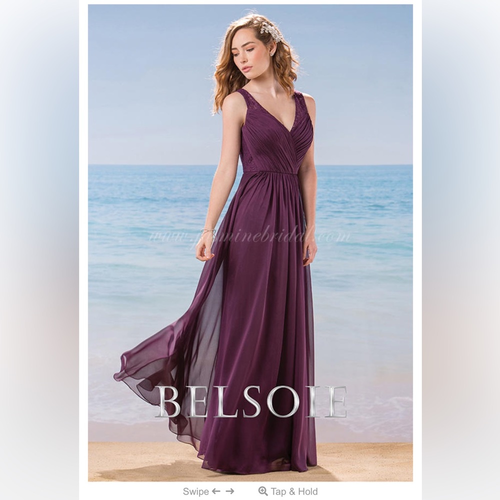 L184016 Long V-neck Belsoie Tiffany Chiffon & Lace Dress, Bordeaux, Size12